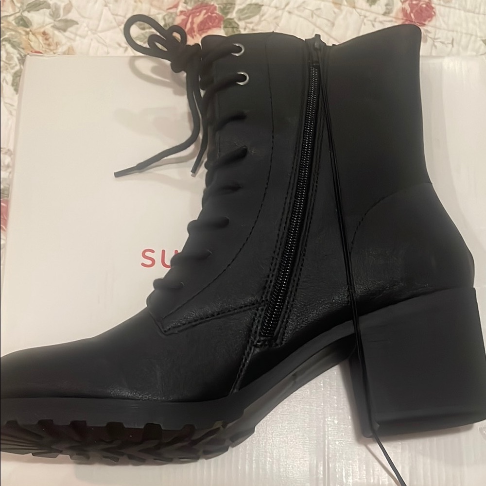 Sun + Stone Black Lace Up Boots with Chunky Heel
